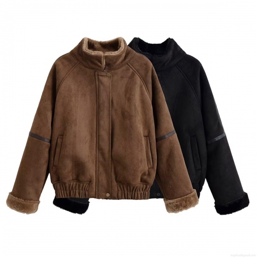 Women's Western Style Faux Suede Shearling Jacket Warm Faux Fur Lined Thick Coat Loose Zip-Up Stand Collar Outerwear Winter Autumn Streetwear