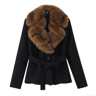 Women's Autumn Winter Faux Fur Collar Woolen Coat Tie Waist Slimming Black Long Sleeve Lapel Jacket Casual Fashion Streetwear Overcoat