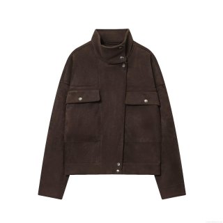 Women's Faux Suede Jacket Vintage Streetwear Solid Color Long Sleeve Loose Baseball Uniform With Large Pockets And Metal Buttons Fall Winter Casual Fashion Coat