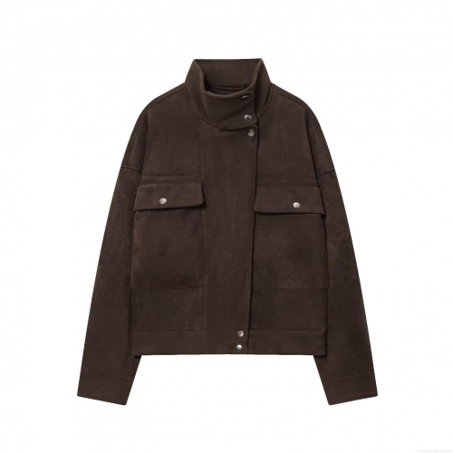 Women's Faux Suede Jacket Vintage Streetwear Solid Color Long Sleeve Loose Baseball Uniform With Large Pockets And Metal Buttons Fall Winter Casual Fashion Coat