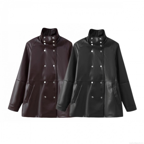 Women's Mid-length PU Leather Jacket Double Breasted Stand Collar Faux Leather Coat Long Sleeve Windproof Outerwear European Streetwear Style For Autumn Winter