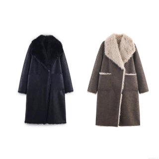 Women Long Faux Fur Suede Shearling Coat Reversible Lapel Splicing Jacket Winter Warm Loose Overcoat Streetwear Trench Outwear