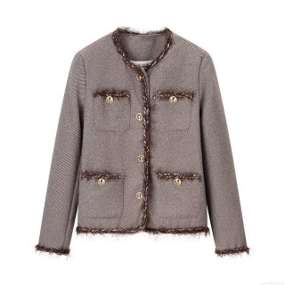 Women's Elegant Tweed Jacket Classic Round Neck Long Sleeve Outerwear With Gold Buttons Fringe Trim Casual Office Party Coat For Autumn Winter