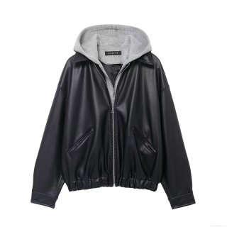 Women's Hooded PU Leather Jacket Faux Two-Piece Patchwork Zip Up Coat Loose Streetwear Outerwear For Autumn Winter Ladies