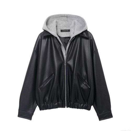 Women's Hooded PU Leather Jacket Faux Two-Piece Patchwork Zip Up Coat Loose Streetwear Outerwear For Autumn Winter Ladies
