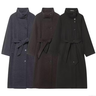 Women's European Style Stand Collar Long Wool Like Coat With Belt Single Breasted Warm Polyester Blend Outerwear Streetwear Trench Overcoat For Women Autumn Winter