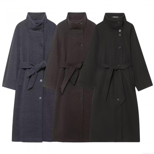 Women's European Style Stand Collar Long Wool Like Coat With Belt Single Breasted Warm Polyester Blend Outerwear Streetwear Trench Overcoat For Women Autumn Winter