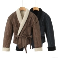 Women's Vintage Faux Suede Shearling Jacket Lamb Wool Lined Lapel Coat With Tie Waist Casual Winter Warm Outerwear Short Jacket For Women