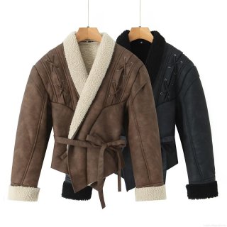 Women's Vintage Faux Suede Shearling Jacket Lamb Wool Lined Lapel Coat With Tie Waist Casual Winter Warm Outerwear Short Jacket For Women