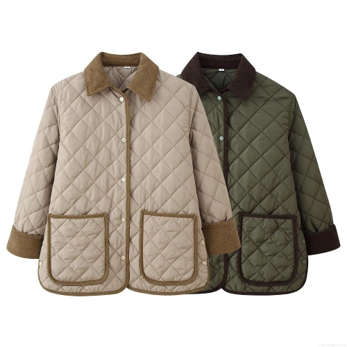 Women's Quilted Jacket Polyester Cotton Padded Coat Diamond Quilt Mid-length Parka With Corduroy Collar Pockets Single Breasted Outerwear For Autumn Winter Street Style Ladies Casual Warm Coat
