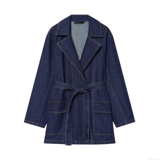 Women's Dark Blue Denim Jacket With Waist Belt Lapel Contrast Stitching Long Sleeve Trench Coat Autumn Casual Streetwear Outerwear For Women