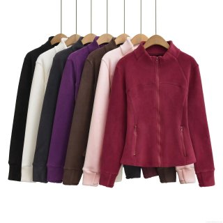 Women's Slim Fit Polar Fleece Jacket Full Zip Stand Collar Long Sleeve Sport Yoga Coat With Thumbholes Solid Color Outdoor Warm Outerwear