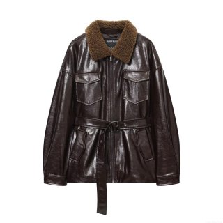 Women's Oversized PU Leather Jacket With Faux Fur Collar Belted Mid-length Winter Outerwear Zip Up Streetwear Coat With Pockets