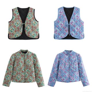 Women Ethnic Paisley Print Quilted Padded Jacket And Vest Vintage Floral Pattern Short Warm Outerwear Long Sleeve Stand Collar Coat For Winter Autumn Ladies Streetwear
