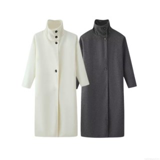 Women's Long Woolen Coat Oversized Polyester Blend Chimney Stand Collar Single-breasted Jacket Streetwear Autumn Winter Outerwear