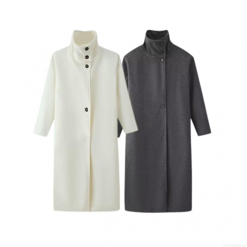 Women's Long Woolen Coat Oversized Polyester Blend Chimney Stand Collar Single-breasted Jacket Streetwear Autumn Winter Outerwear