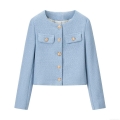 Women's Elegant Light Blue Tweed Jacket Round Neck Gold Button Long Sleeve Cropped Blazer Coat For Autumn Winter Daily Office Wear Street Style
