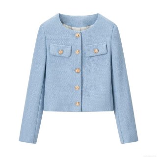Women's Elegant Light Blue Tweed Jacket Round Neck Gold Button Long Sleeve Cropped Blazer Coat For Autumn Winter Daily Office Wear Street Style
