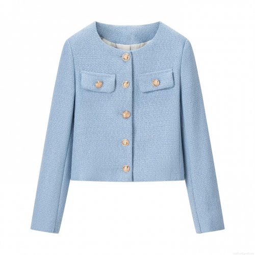 Women's Elegant Light Blue Tweed Jacket Round Neck Gold Button Long Sleeve Cropped Blazer Coat For Autumn Winter Daily Office Wear Street Style