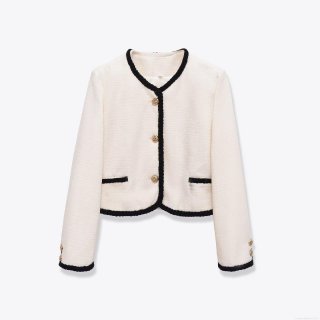 Women Elegant Tweed Jacket Contrast Trim Button Down Cardigan Outerwear For Daily Party Office Fashion Lady Long Sleeve Round Neck Short Coat
