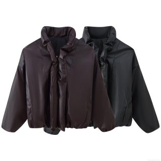 Women's Winter Oversized PU Faux Leather Padded Jacket Stand Collar Zip Up Warm Windproof Puffer Outerwear Splicing Streetwear Coat