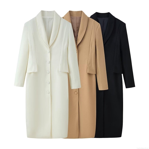 Women Elegant Solid Color Woolen Coat Long Sleeve Lapel Single Breasted Longline Overcoat Minimalist Streetwear Trench Coat Outwear