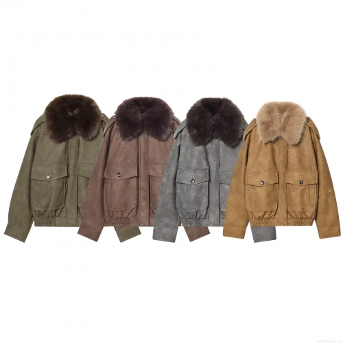 Women's Vintage Faux Leather Aviator Jacket With Detachable Faux Fur Collar Heavy Winter Bomber Coat Streetwear Loose Outwear Zip Up Jacket With Pockets