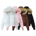 Women's Faux Fur Collar Hooded Padded Jacket Winter Warm Windproof Quilted Short Coat Casual Streetwear Outerwear For Ladies