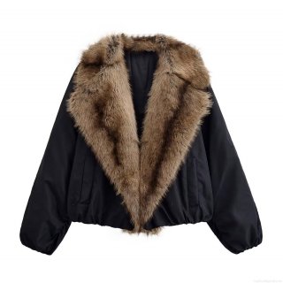 Women's Loose Casual Faux Fur Collar Jacket Autumn Winter Streetwear Polyester Outdoor Warm Outerwear With Pockets Zipper Closure Black Coats