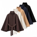 Women's Elegant Woolen Cape Coat Stand Collar Belted Cloak Style Polyester Autumn Winter Warm Outerwear Jacket