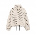 Women Street Style Contrast Polka Dot Faux Lamb Wool Fleece Jacket Stand Collar Zip Up Loose Fit Warm Winter Outerwear Coat With Adjustable Drawstring Hem