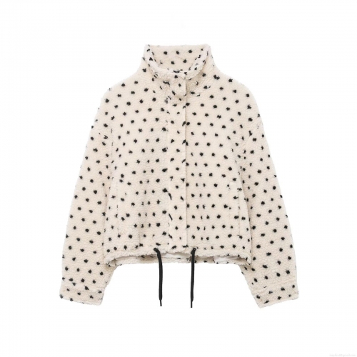 Women Street Style Contrast Polka Dot Faux Lamb Wool Fleece Jacket Stand Collar Zip Up Loose Fit Warm Winter Outerwear Coat With Adjustable Drawstring Hem