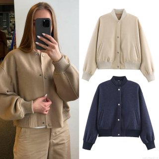 Women's Bomber Jacket Soft Tweed Texture Round Neck Long Sleeve Single Breasted Loose Fit Streetwear Autumn Winter Casual Outerwear Coat Top Ladies Fashion