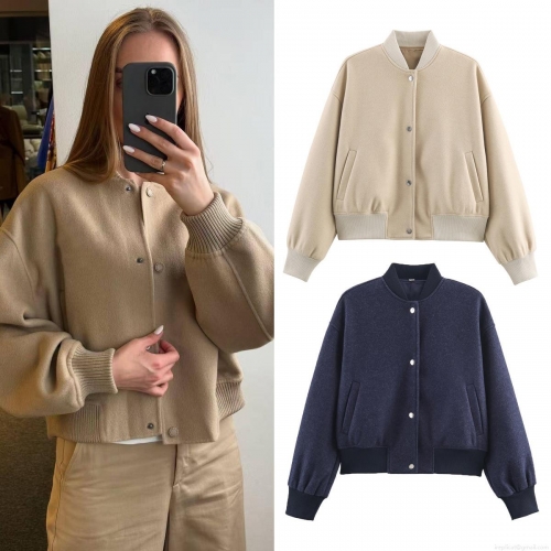 Women's Bomber Jacket Soft Tweed Texture Round Neck Long Sleeve Single Breasted Loose Fit Streetwear Autumn Winter Casual Outerwear Coat Top Ladies Fashion