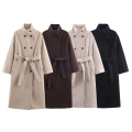 Women's Winter Double Breasted Long Woolen Coat With Belt Stand Collar Long Sleeve Casual Street Style Polyester Overcoat Outwear