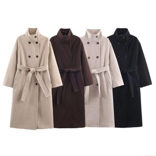 Women's Winter Double Breasted Long Woolen Coat With Belt Stand Collar Long Sleeve Casual Street Style Polyester Overcoat Outwear