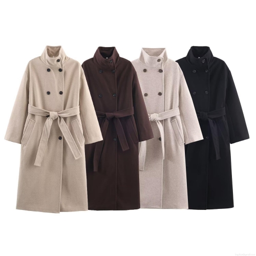 Women's Winter Double Breasted Long Woolen Coat With Belt Stand Collar Long Sleeve Casual Street Style Polyester Overcoat Outwear