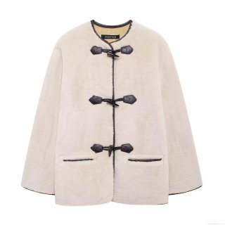 Women's Faux Fur Coat Autumn Winter Creamy White Lamb Wool Jacket With Faux Leather Trim Toggle Button Round Neck Long Sleeve Outwear For Women