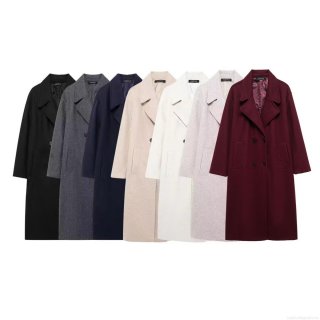 Women Long Woolen Coat Autumn Winter Double Breasted Lapel Overcoat Solid Color Long Sleeve Outwear Streetwear Jacket With Pockets