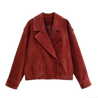 Women's Faux Suede Short Jacket Coat Asymmetric Lapel Single Breasted Retro Red Outwear European Streetwear Fashion Solid Color Long Sleeve Jacket For Women