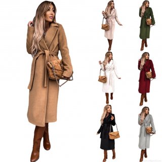 Elegant Women's Long Woolen Coat With Waist Belt Solid Color Lapel Long Sleeve Polyester Trench Coat For Autumn Winter Daily Wear Ladies Streetwear Fashion Outwear