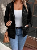 Women's Waffle Knit Hooded Zip Up Jacket Casual Solid Color Loose Fit Long Sleeve Sweatshirt Outerwear With Drawstring Pockets For Autumn Winter