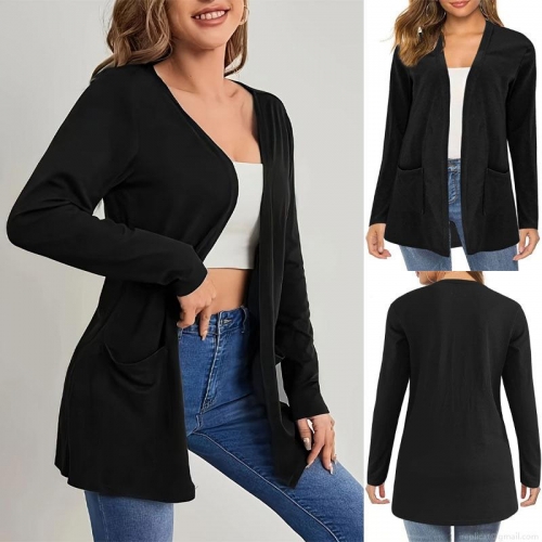 Women's Plus Size Casual Cardigan Outerwear Cotton Blend Solid Color Long Sleeve Open Front Coat With Pockets For Women Fall Winter Daily Wear