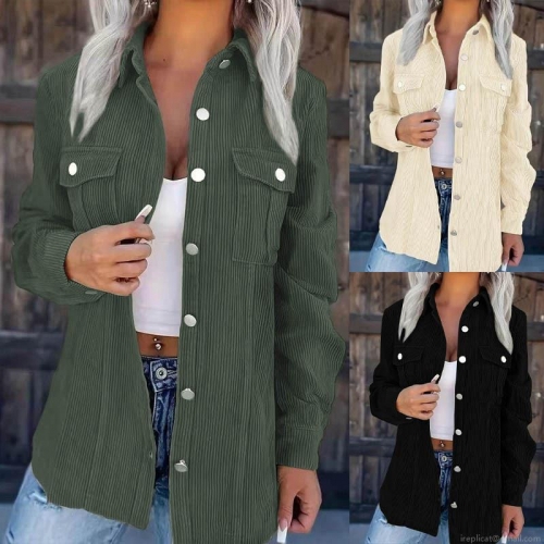Women's Casual Corduroy Jacket Single Breasted Lapel Long Sleeve Shirt Jacket With Chest Pockets Polyester Spandex Blend Relaxed Fit Solid Color Outerwear For Autumn Winter