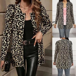 Women Leopard Print Cardigan Jacket Polyester Spandex Bubble Sleeve Mid-Length Slim Fit Casual Outerwear Open Front Elegant Lady Autumn Winter Fashion Top