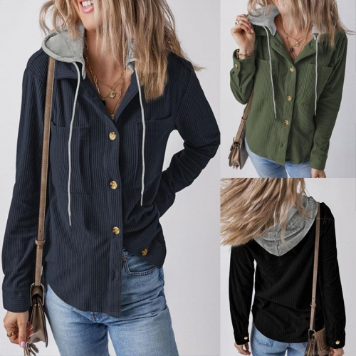 Women's Plus Size Hooded Corduroy Jacket Casual Long Sleeve Button Down Shirt Outerwear With Pockets Solid Color Autumn Winter Comfort Coat