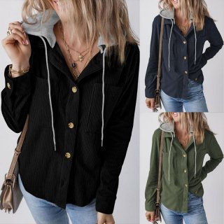 Women's Corduroy Hooded Jacket Solid Color Button Down Long Sleeve Shacket With Contrast Gray Hood Casual Warm Autumn Winter Outerwear For Women