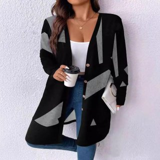 Women's Plus Size Polyester Spandex Knit Cardigan Jacket Long Sleeve V-Neck Button Up Geometric Star Print Casual Outerwear Autumn Winter Coat for Women