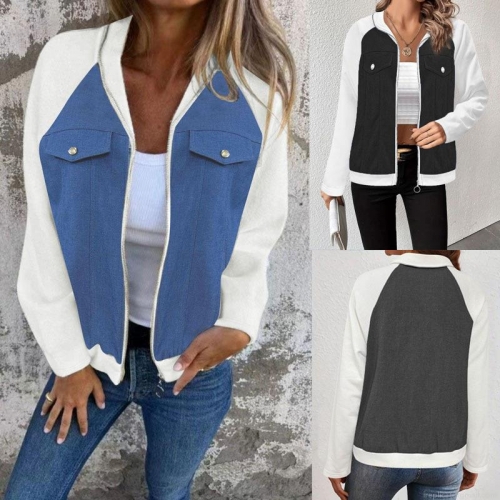 Women's Plus Size Color Block Raglan Sleeve Jacket Casual Contrast Patchwork Zipper Outerwear Coat With Pockets For Women Daily Casual Wear