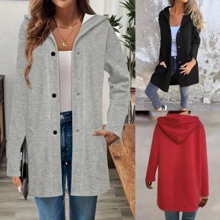 Women's Mid-Length Hooded Jacket Solid Color Polyester Spandex Single Breasted Button Coat Casual Plus Size Autumn Winter Long Sleeve Outerwear For Ladies